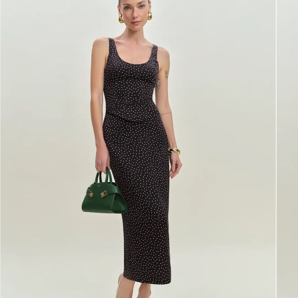 Reformation Satin Corset Black Dress with White Dots